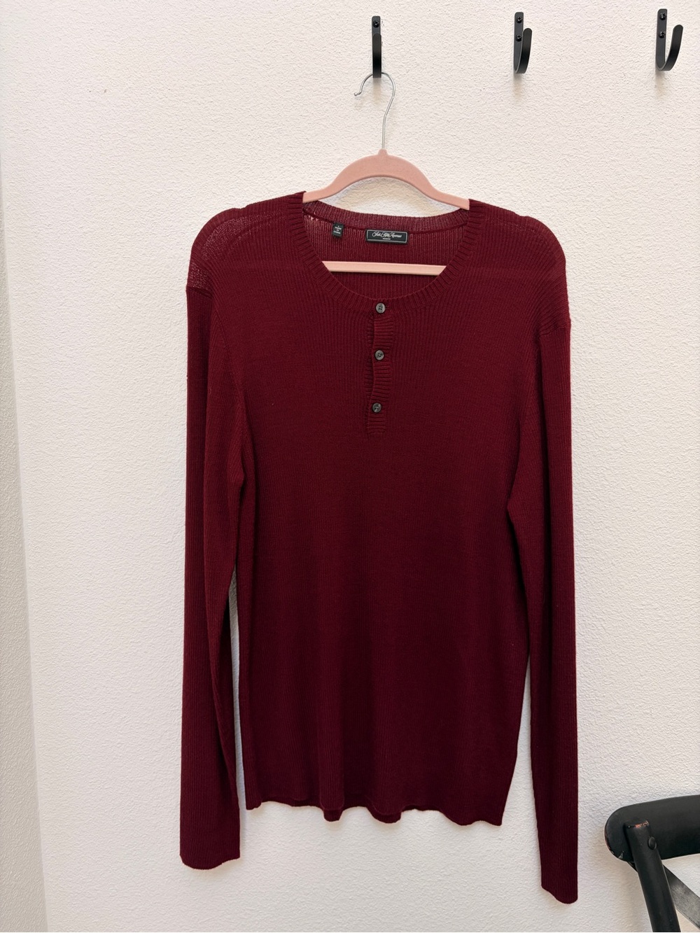 Saks Fifth Avenue Mens Henley Sweater Wool Blend Ribbed Knit Burgundy